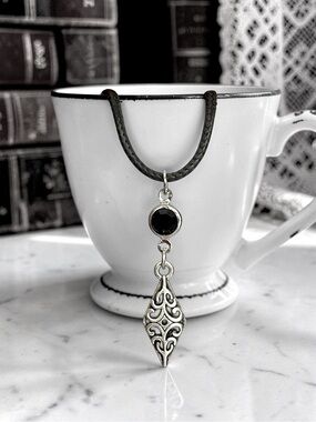 5 For $25💫Silver Filigree Diamond Necklace Pendant With Black Acrylic Gem Accent